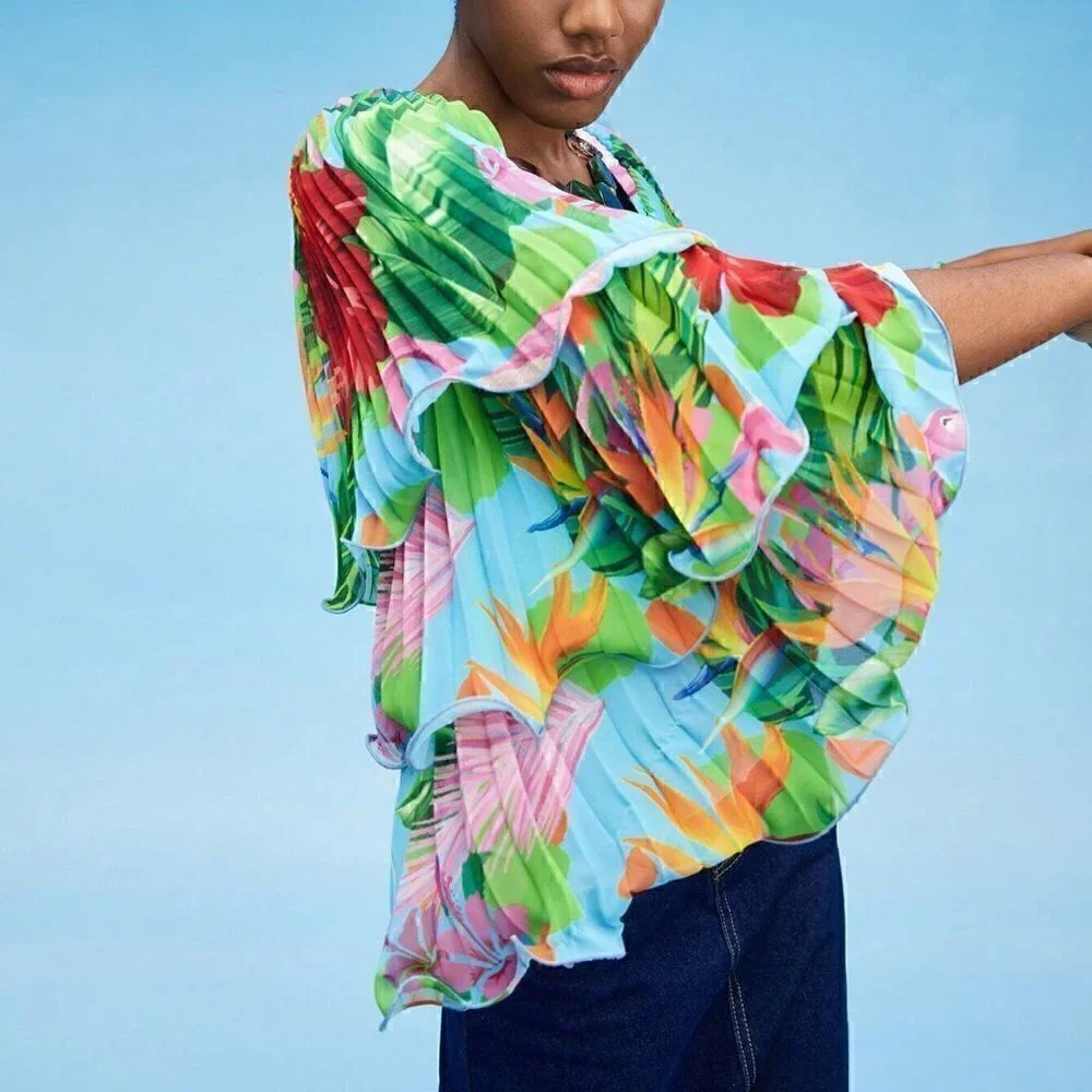 Green Boho Womens Tropical Print Lettuce Trim Layered Sleeve Crop Top - Picture 2 of 5
